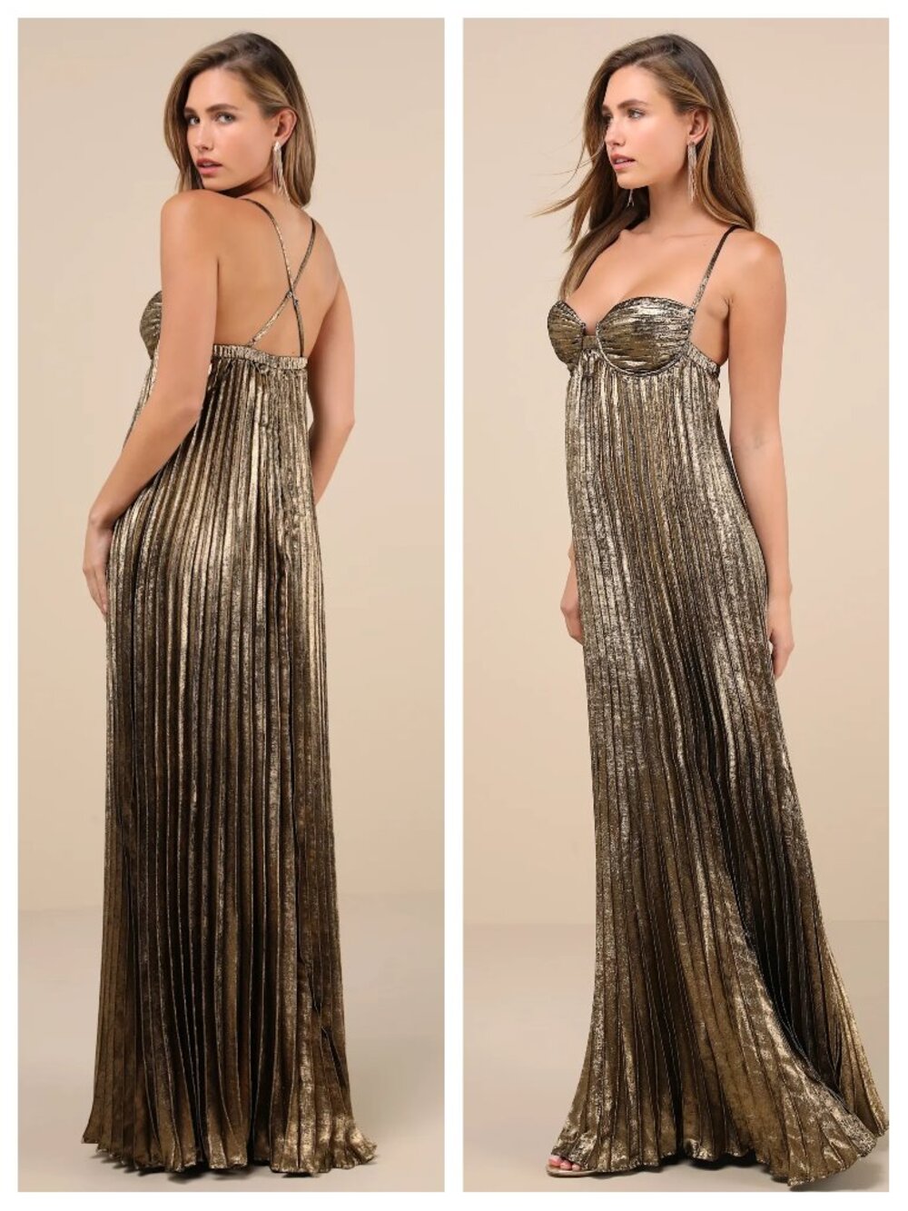 NWT Lulus Brilliant Allure Gold Metallic Lurex Pleated Maxi Dress L
